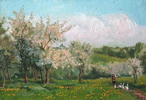 Gardens in Blossom summer landscape - oil painting