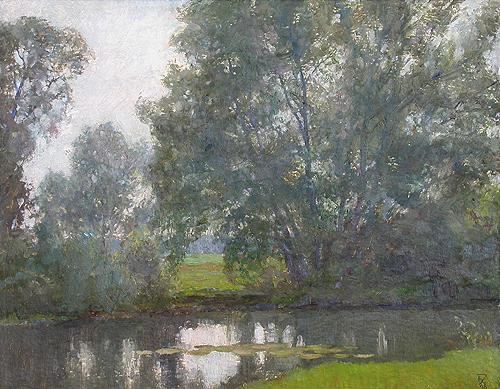 At the River summer landscape - oil painting