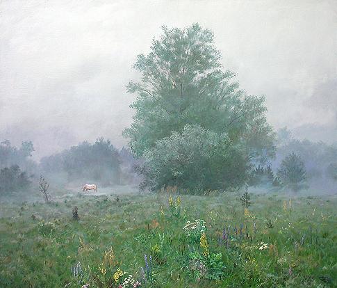 Foggy Morning summer landscape - oil painting
