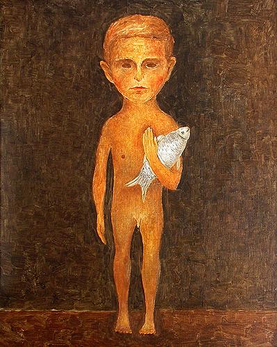 Boy with a Fish surrealist art - oil painting