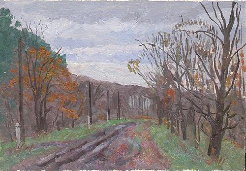 Sketch. Country Road autumn landscape - oil painting