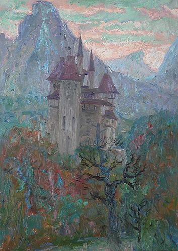 France. Longefan Castle mountain landscape - oil painting