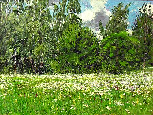 Blossoming Meadow summer landscape - oil painting