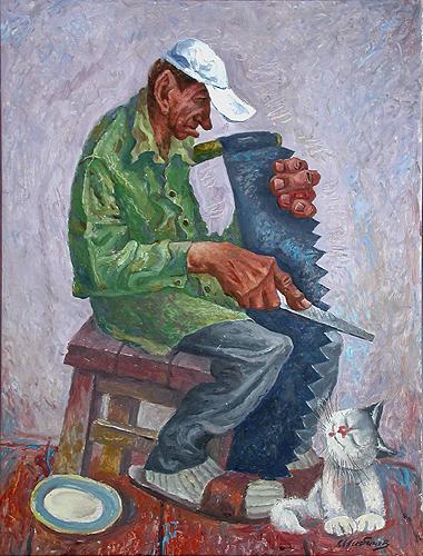 Musical Saw genre scene - oil painting