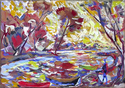 In the Creek autumn landscape - tempera painting
