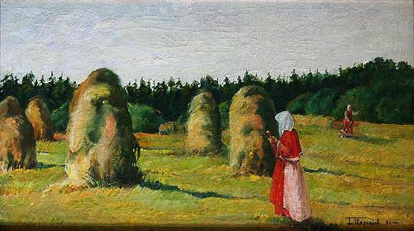 Haymaking genre scene - oil painting haymaking landscape peasants haystacks
