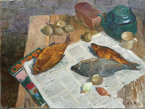 Still Life with a Kettle still life - oil painting still-life newspaper fish kettle bread table social potatoes life