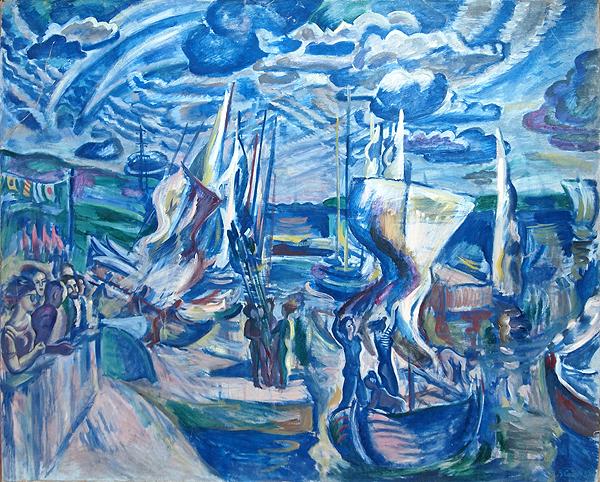 Wind at the Volga River genre scene - oil painting