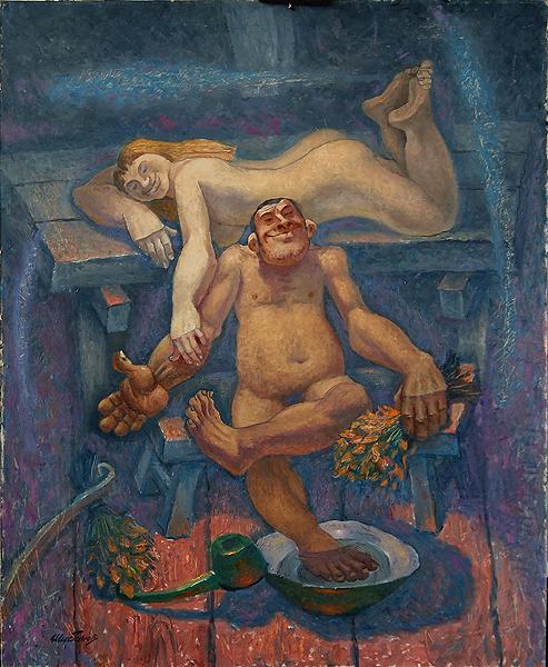 Russian Bath genre scene - oil painting