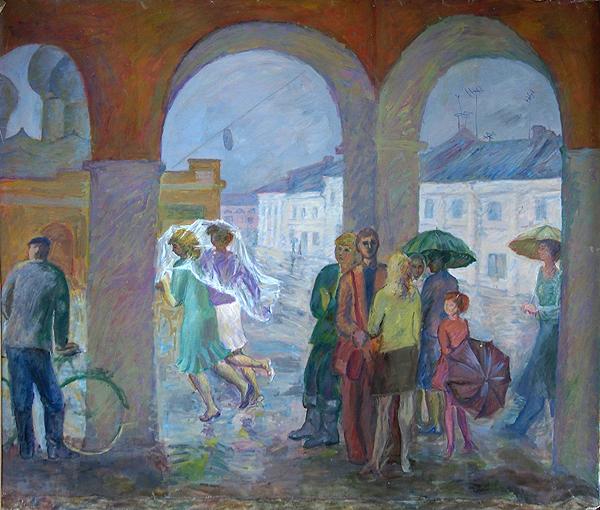 Rain in Rostov the Great genre scene - oil painting