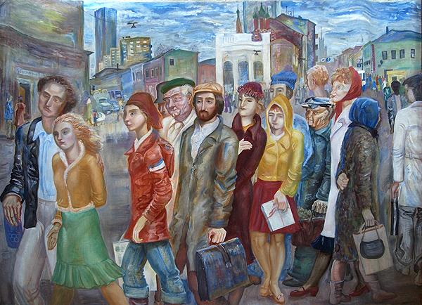 Walking in Moscow genre scene - oil painting