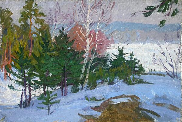 On the Hill in the Shadow winter landscape - oil painting