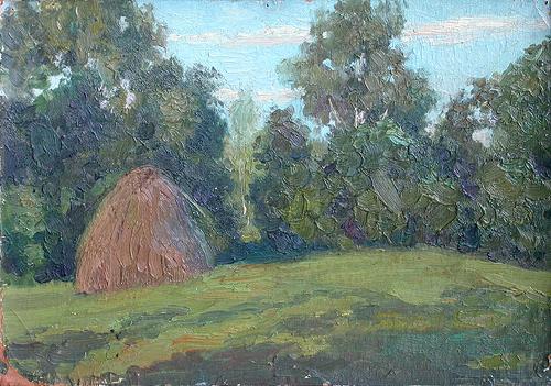 Haystack summer landscape - oil painting