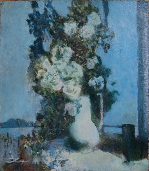 White Roses on a Moonlit Night flower - oil painting flowers roses night Crimea
