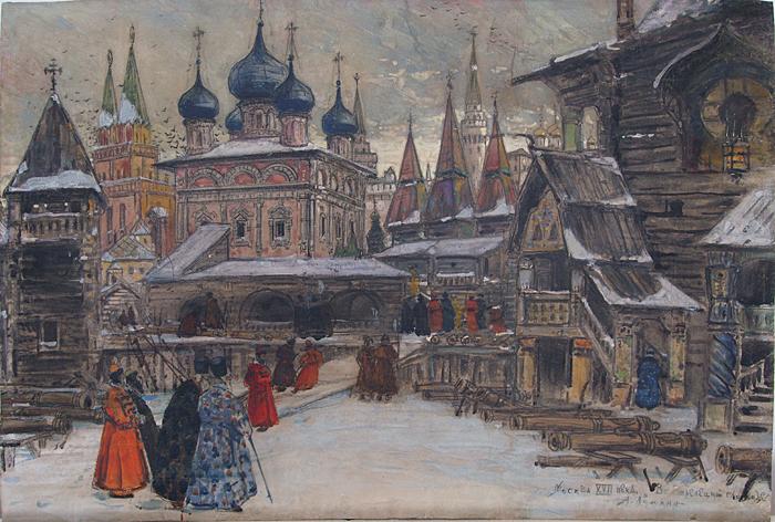 Moscow of the 17th Century. In the Streltsy Settlement cityscape - gouache, pencil painting