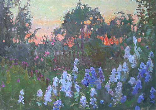 Delphinium summer landscape - oil painting