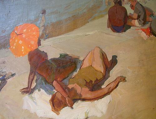 On the Beach genre scene - oil painting