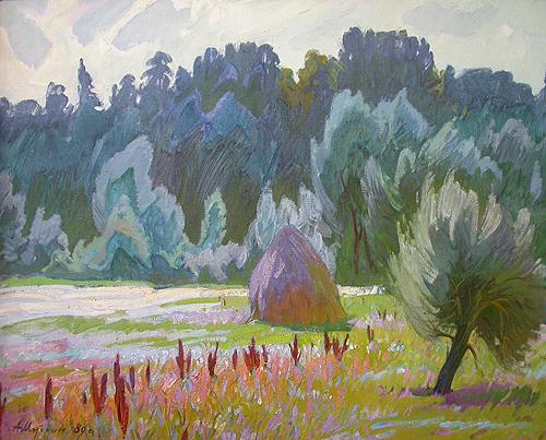 Flood Lands of the Sura River summer landscape - oil painting