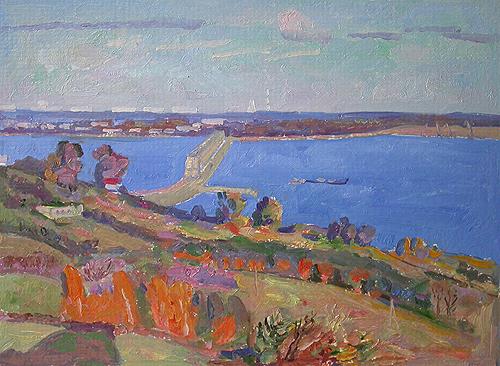 Autumn. The Volga River. Sketch cityscape - oil painting