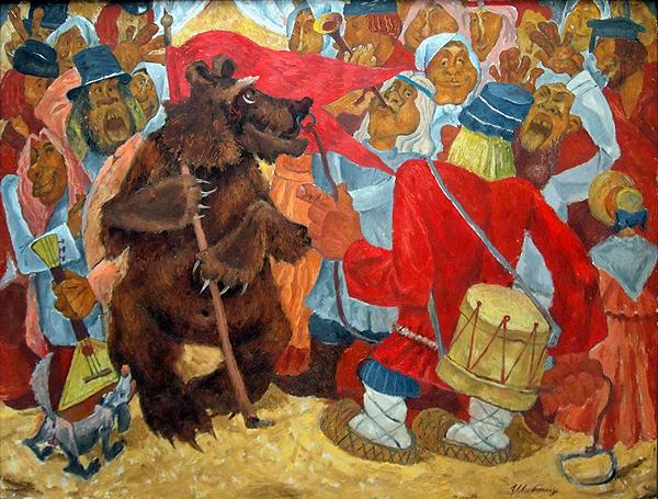 Dancing Bear genre scene - oil painting