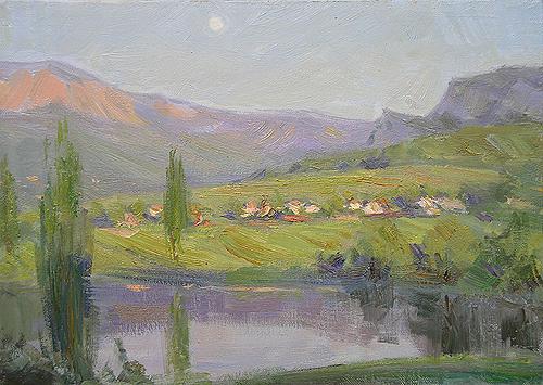 oil mountain landscape painting Evening in Sokolino Village