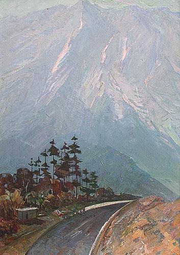 Road to Lake Rizza mountain landscape - oil painting