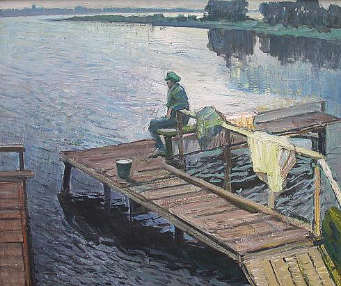 Fisherman genre scene - oil painting