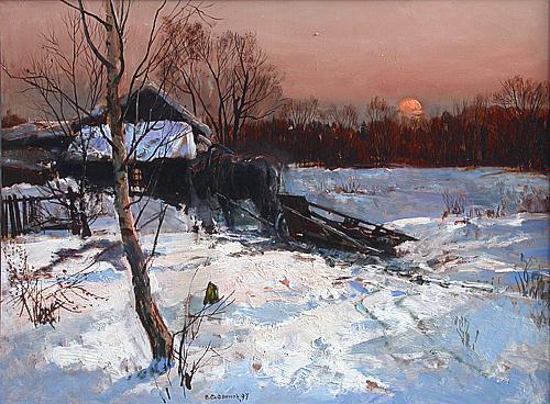 Winter Evening rural landscape - oil painting