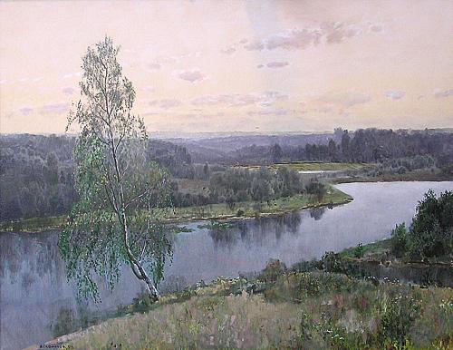 Sunrise over the Oka River summer landscape - oil painting
