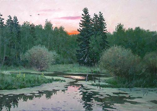 Silent Evening summer landscape - oil painting