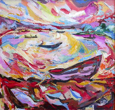 At the Volga River at 8 a.m. abstract landscape - oil painting
