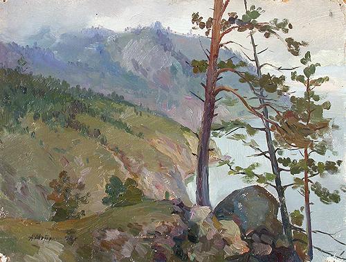 Rocky Bank of Lake Baikal mountain landscape - oil painting