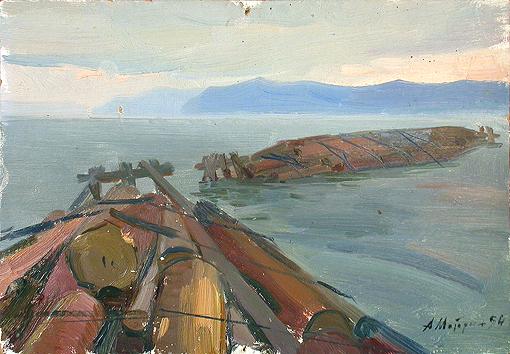 Lake Baikal. Logs industrial landscape - oil painting