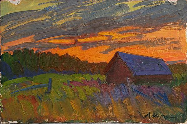 Sunset rural landscape - oil painting