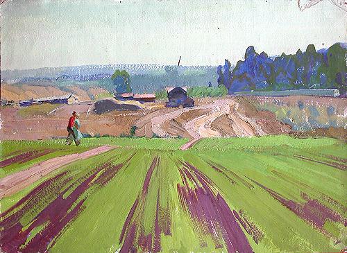 Field rural landscape - oil painting