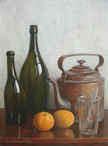 Bottles and a Kettle still life - oil painting