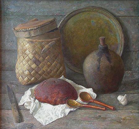 Still Life with a Hunk of Bread and a Birch Bark Box still life - oil painting