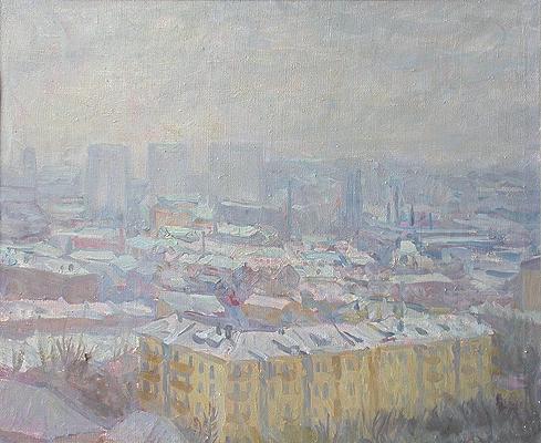 Moscow Roofs. Rain cityscape - oil painting