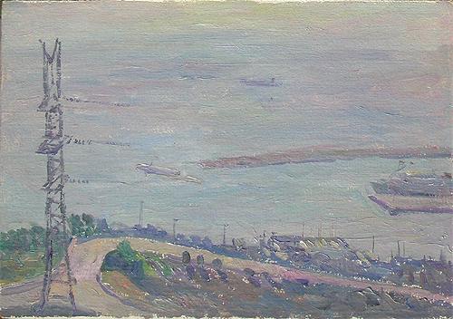 Sketch. View from the Volga Slope seascape - oil painting