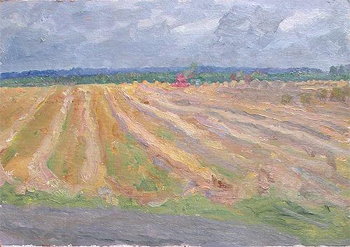Sketch. Harvesting autumn landscape - oil painting