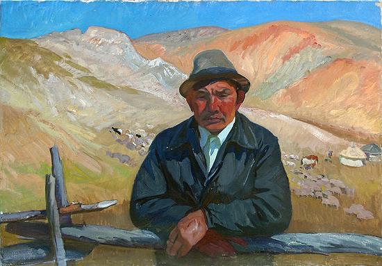 Shepherd portrait or figure - oil painting mountains