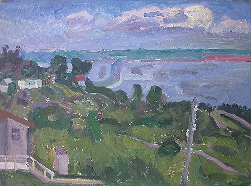 Summer. The Volga River cityscape - oil painting