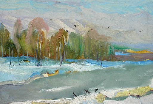 Soggy Snow autumn landscape - oil painting