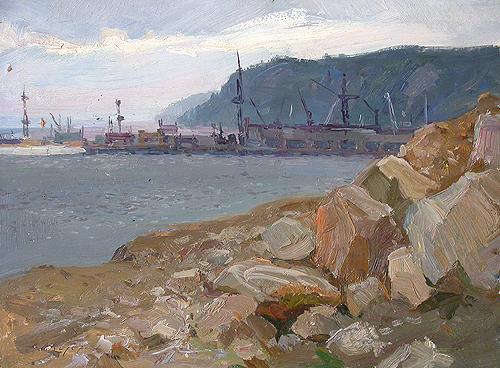 Kuibyshev Hydroelectric Power Station industrial landscape - oil painting