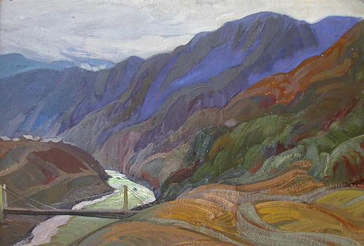 The Katun River mountain landscape - oil painting